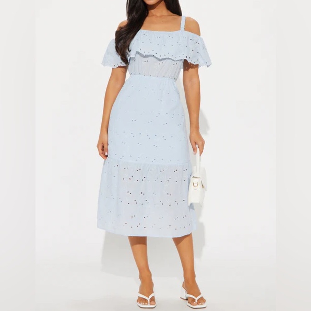 Eyelet Light Blue Off-Shoulder Dress